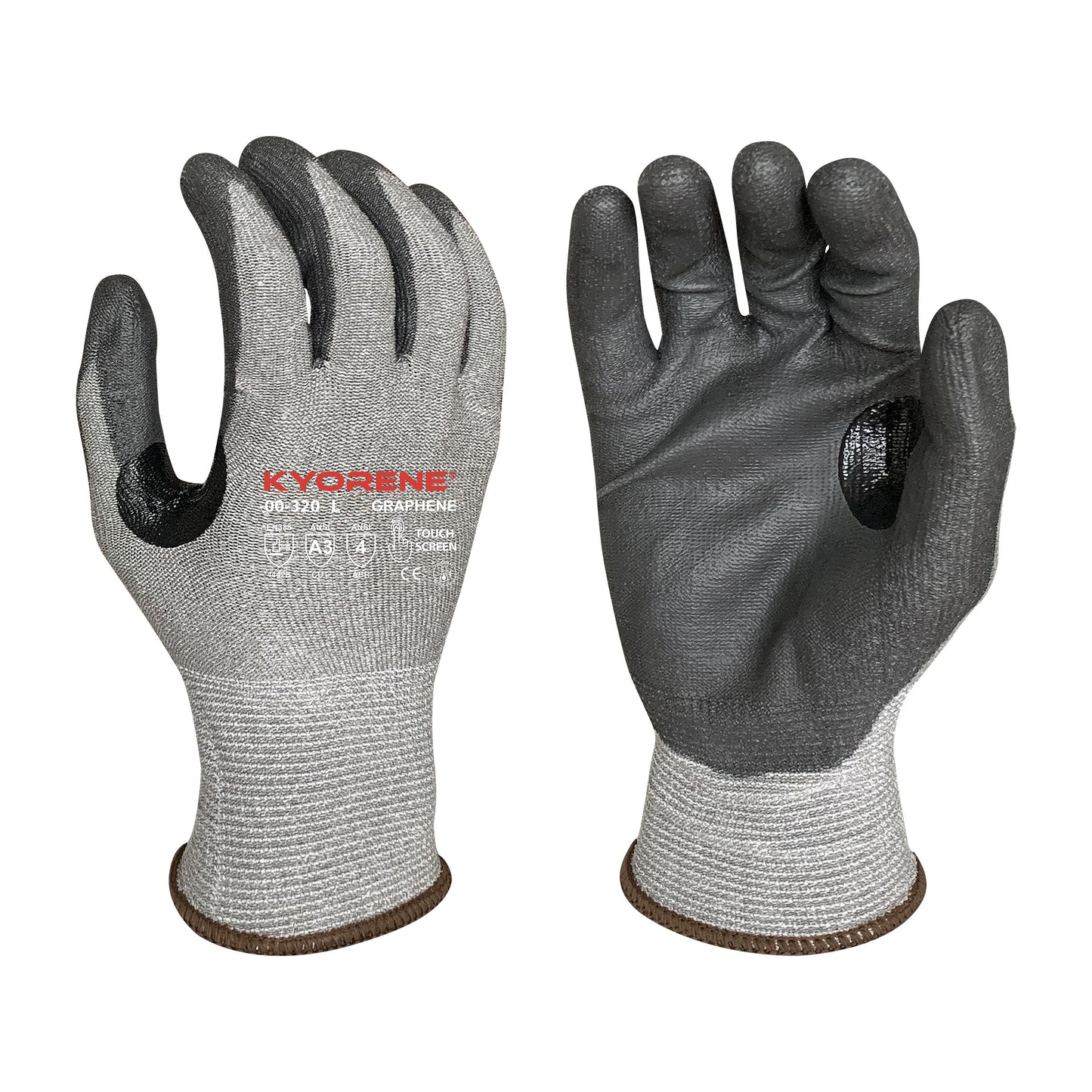 13g Gray Kyorene® Liner With Black PU Palm Coating And Reinforced Thumb Crotch, ANSI A3