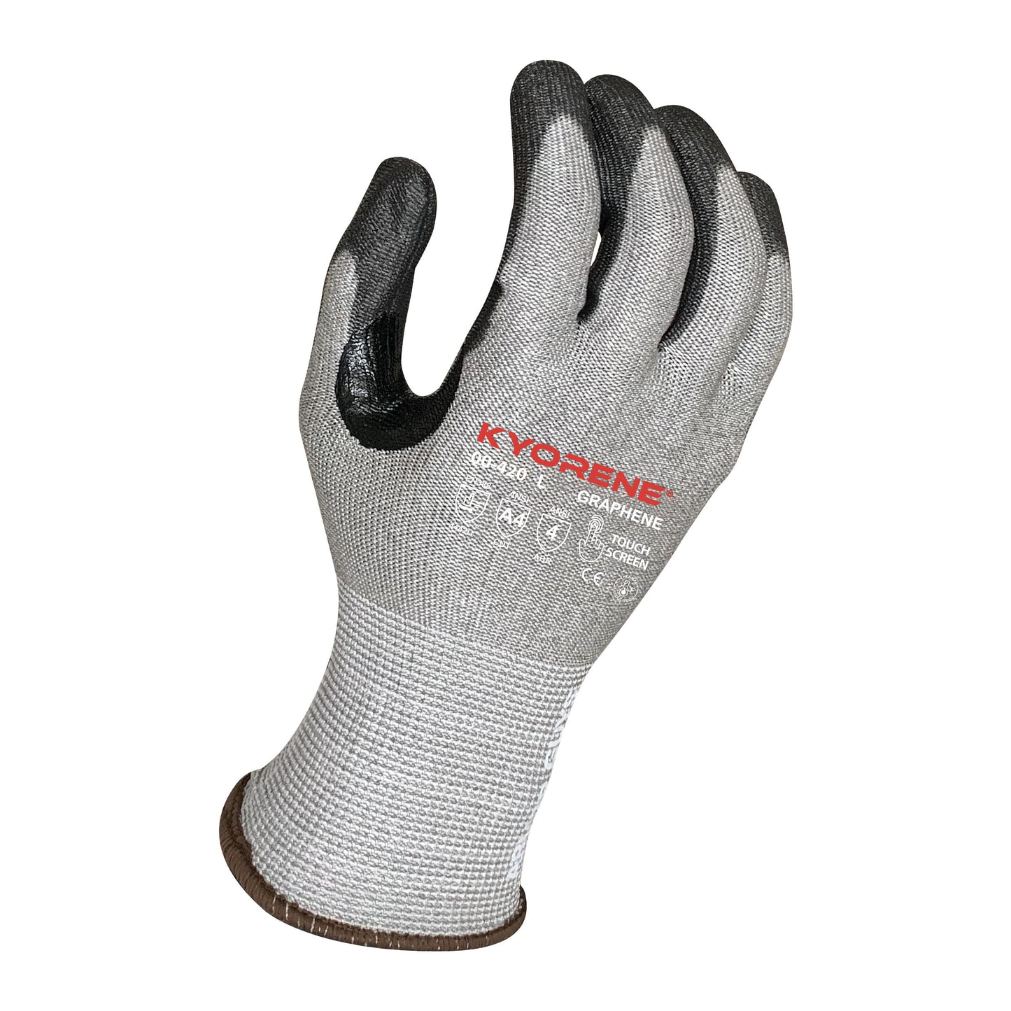 13g Gray Kyorene® Liner With Black PU Palm Coating And Reinforced Thumb Crotch, ANSI A4