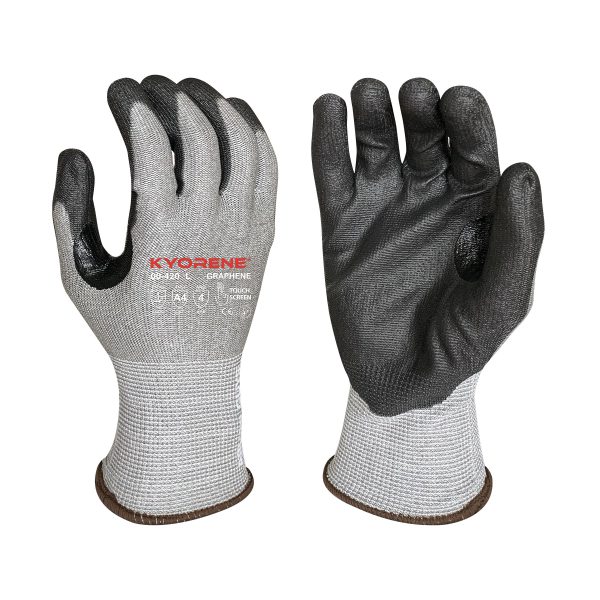 13g Gray Kyorene® Liner With Black PU Palm Coating And Reinforced Thumb Crotch, ANSI A4