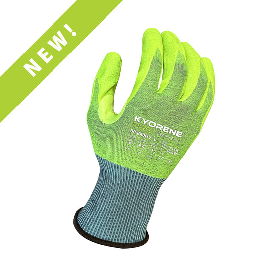 18g Hi Vis Kyorene Pro® Liner With Hi Vis HCT® Lite Nitrile Palm Coating, Thumbcrotch Reinforcement, Touch Screen, ANSI A4