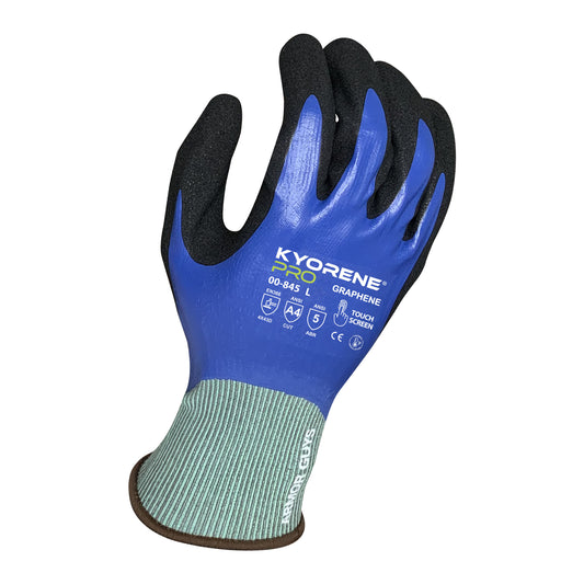 18g Gray Kyorene Pro® Liner, Full NBR Blue Dip And a 2nd Black HCT® Nitrile Palm Coating, ANSI A4