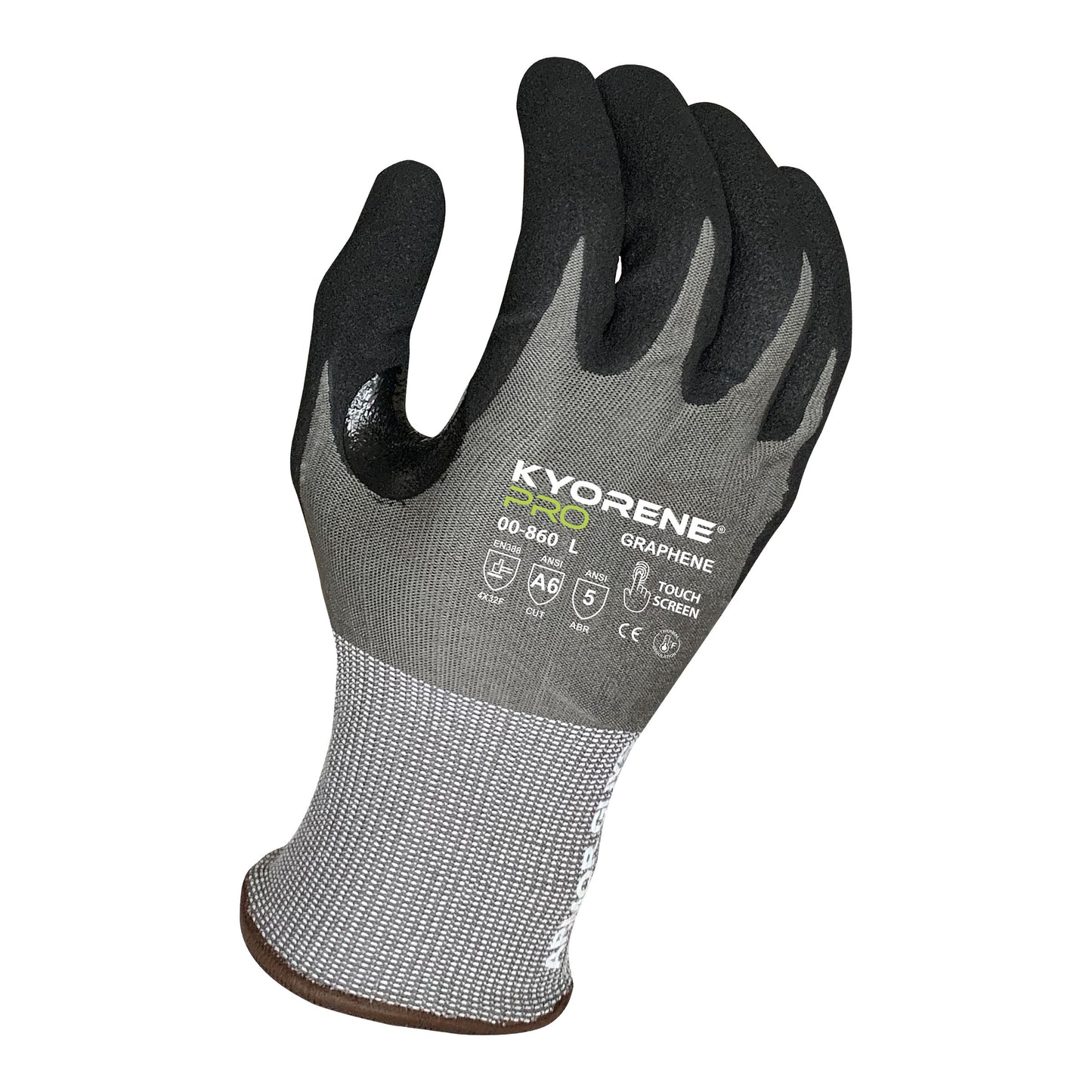 18g Gray Kyorene Pro® Liner With Black HCT® Micro Foam Nitrile Palm Coating, Thumbcrotch Reinforcement, Touch Screen, ANSI A6