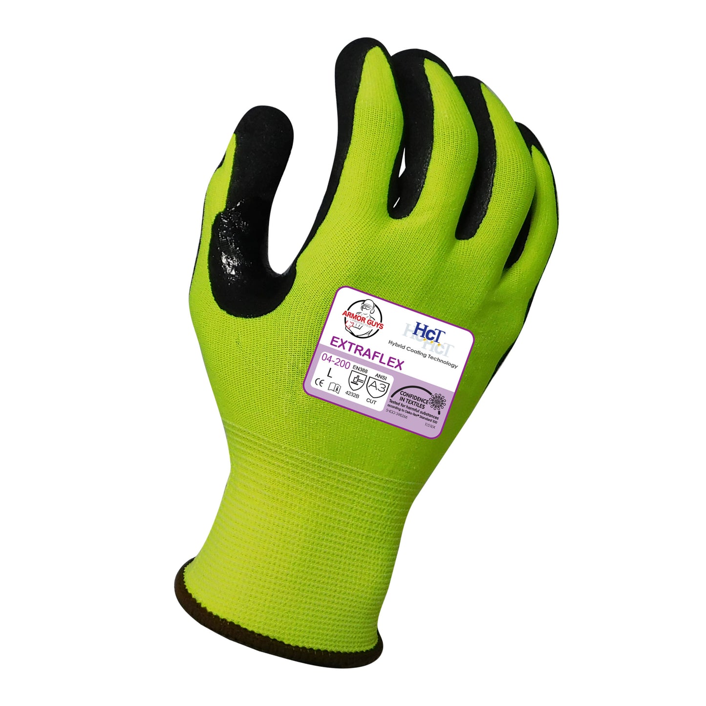 18g ExtraFlex® Cut Resistant Hi-Vis Yellow Engineered Liner With Black HCT® Micro Foam Nitrile Palm Coating And Nitrile Reinforced Thumb Crotch, ANSI A3