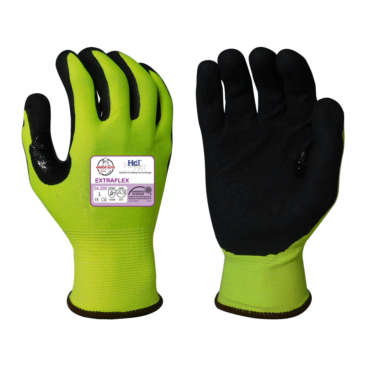 18g ExtraFlex® Cut Resistant Hi-Vis Yellow Engineered Liner With Black HCT® Micro Foam Nitrile Palm Coating And Nitrile Reinforced Thumb Crotch, ANSI A3