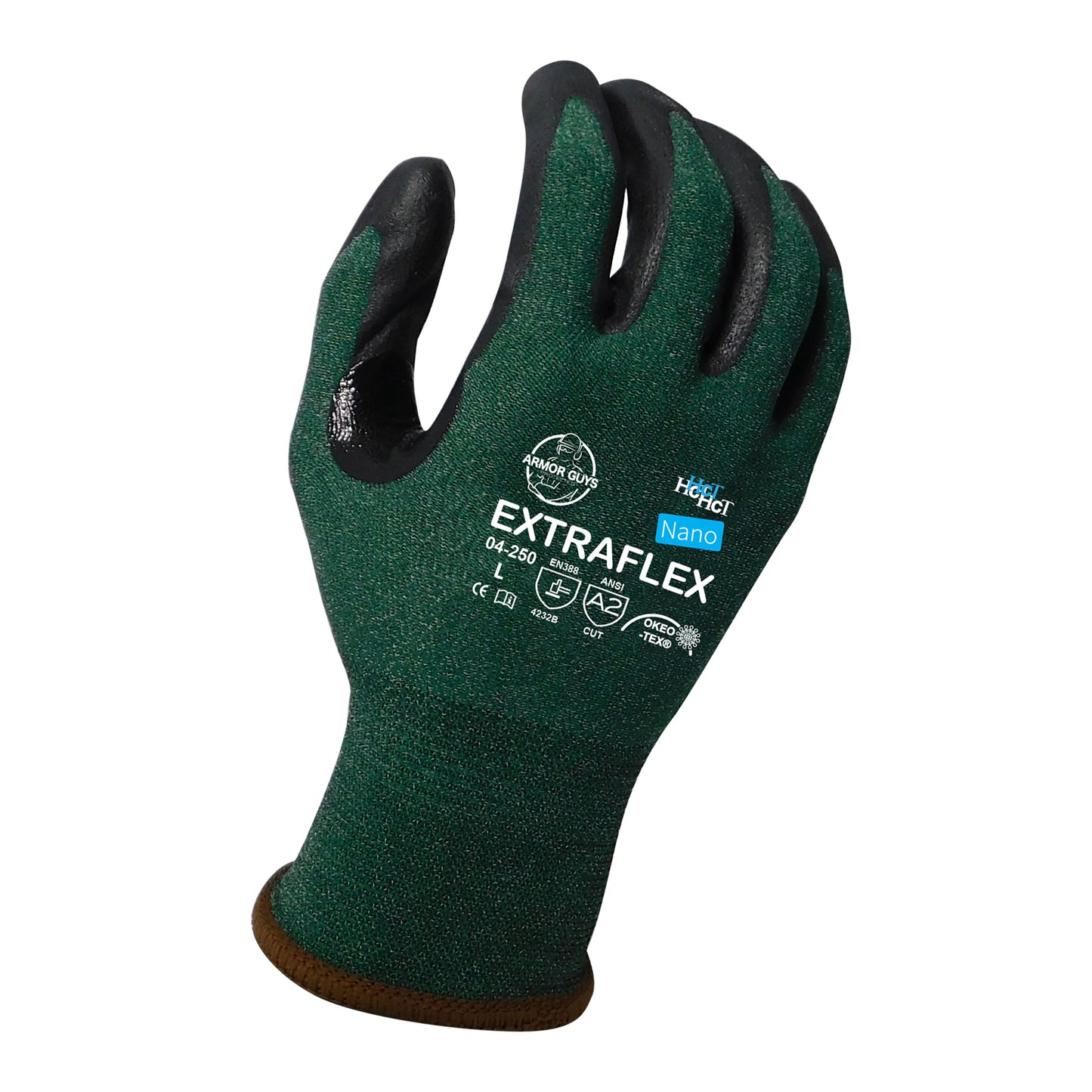 18g ExtraFlex® Cut Resistant Dark Green Engineered Liner With Black HCT® Nano Foam Nitrile Palm Coating And Nitrile Reinforced Thumb Crotch, ANSI A2