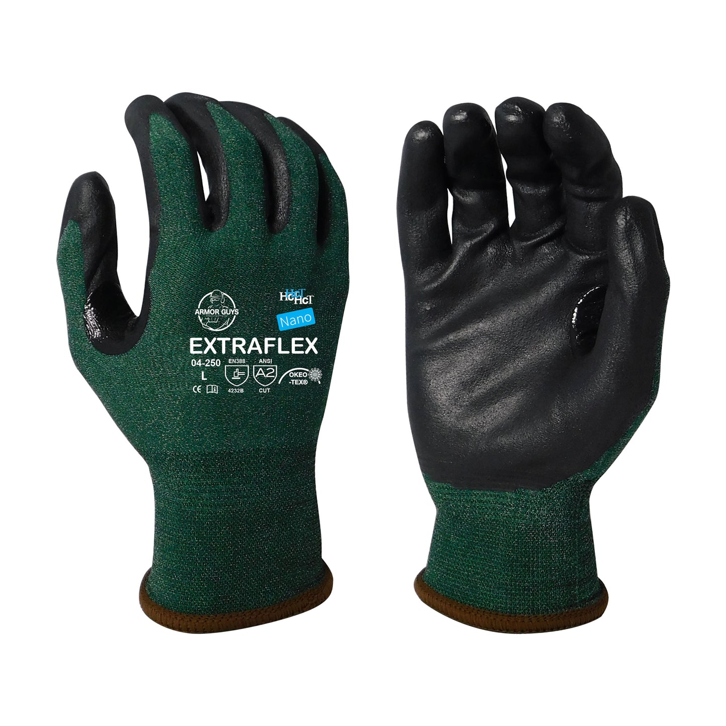 18g ExtraFlex® Cut Resistant Dark Green Engineered Liner With Black HCT® Nano Foam Nitrile Palm Coating And Nitrile Reinforced Thumb Crotch, ANSI A2