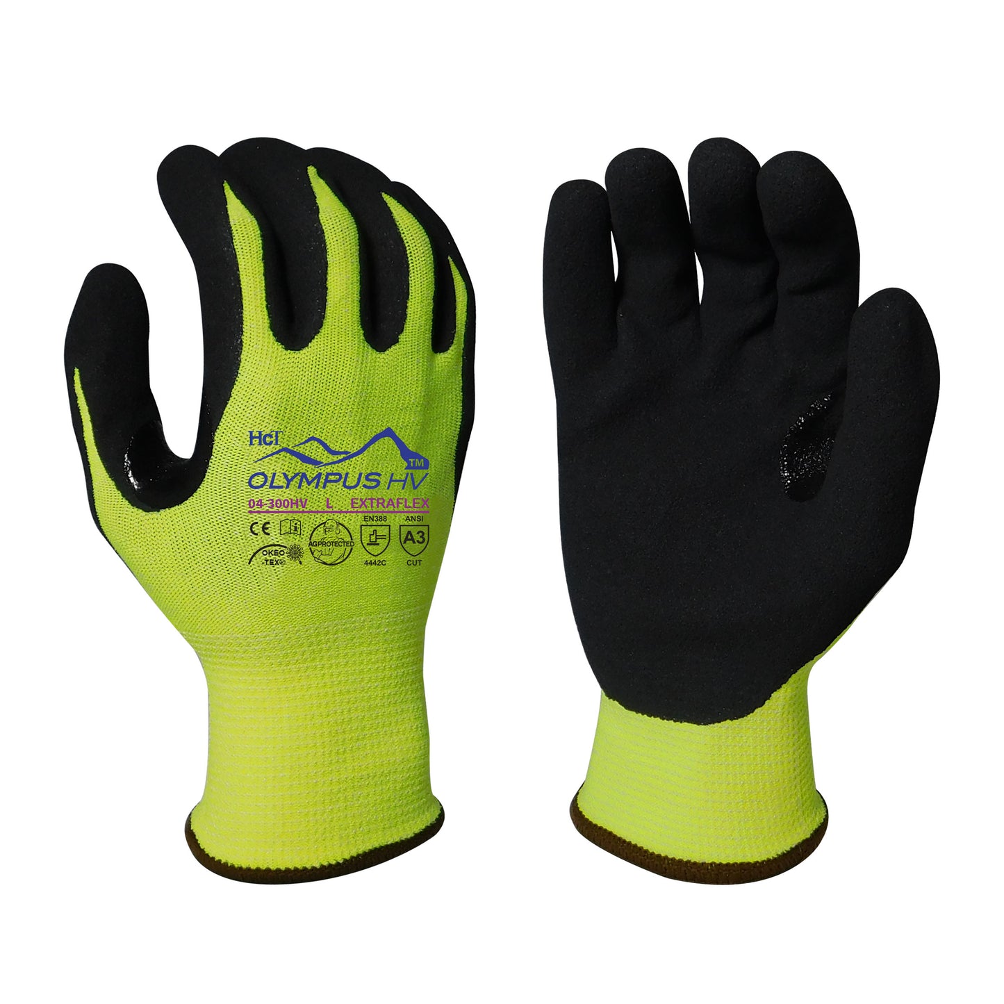 13g ExtraFlex® Cut Resistant Hi-Vis Yellow Engineered Liner With Black HCT® Micro Foam Nitrile Palm Coating And Nitrile Reinforced Thumb Crotch, ANSI A3