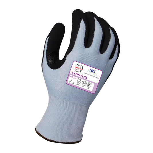 13g ExtraFlex® Cut Resistant Light Blue Engineered Liner With 7g Poly-Acrylic Lining, Black Nitrile Micro Foam HCT® Palm Coating And Nitrile Reinforced Thumb Crotch, ANSI A4