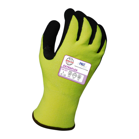 13g ExtraFlex® Cut Resistant Hi-Vis Yellow Engineered Liner With 7g Poly-Acrylic Lining, Black Nitrile Micro Foam HCT® Palm Coating And Nitrile Reinforced Thumb Crotch, ANSI A4