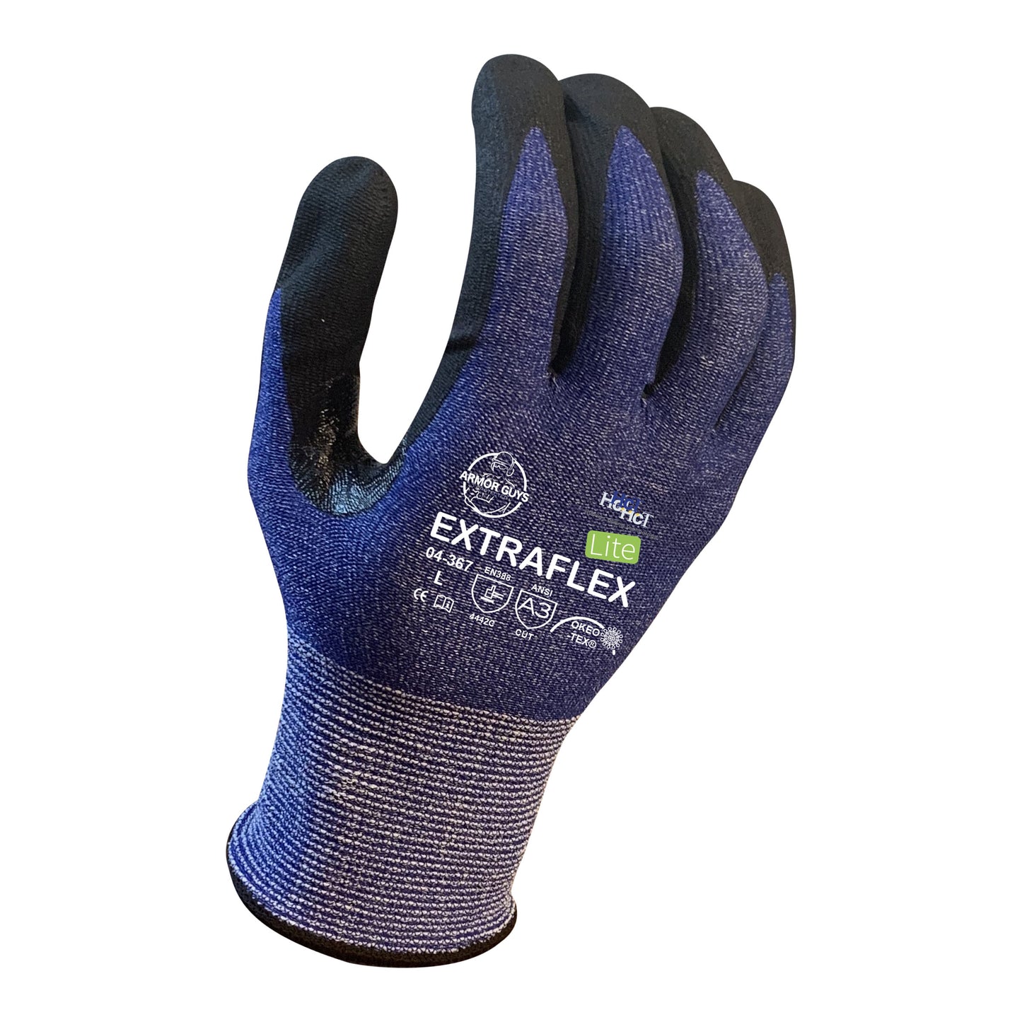 13g ExtraFlex® Cut Resistant Dark Blue Engineered Liner, HCT® Lite Palm Coated With Dots, Nitrile Reinforced Thumb Crotch, ANSI 3