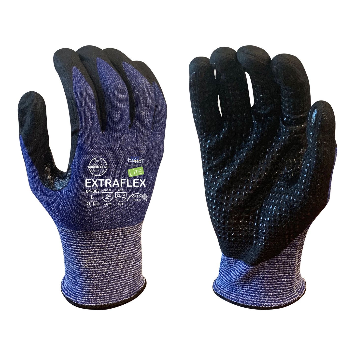 13g ExtraFlex® Cut Resistant Dark Blue Engineered Liner, HCT® Lite Palm Coated With Dots, Nitrile Reinforced Thumb Crotch, ANSI 3