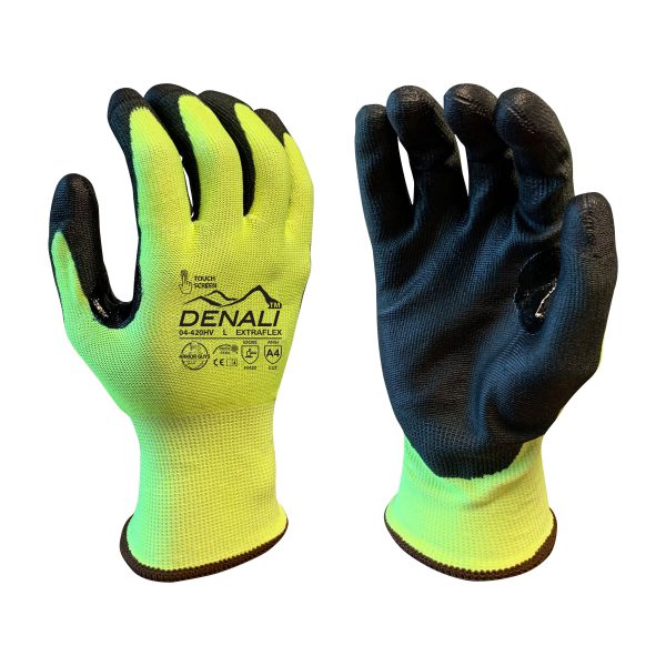 15g ExtraFlex® Cut Resistant Hi-Vis Engineered Liner, Black PU Palm Coated, Nitrile Reinforced Thumb Crotch, Touchscreen, ANSI 4