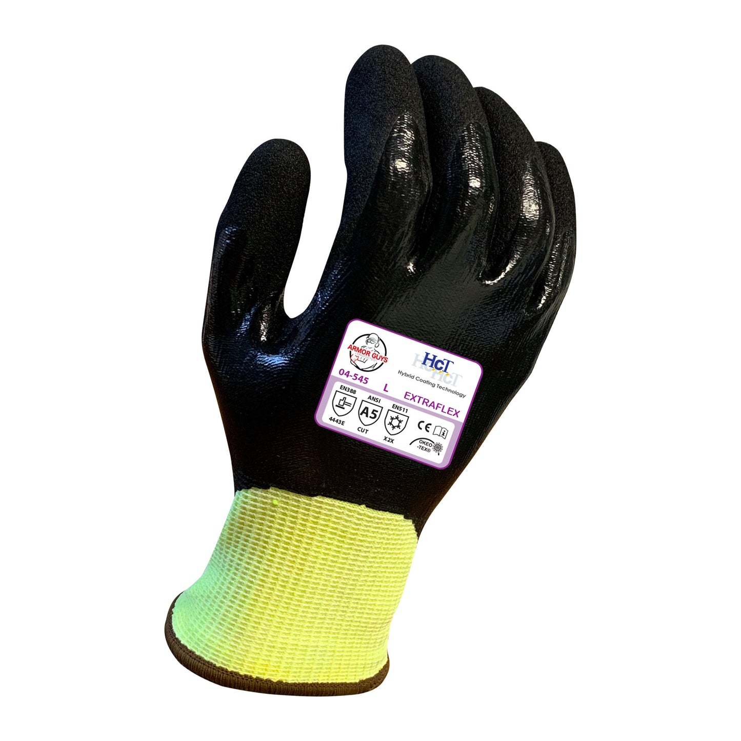 15g ExtraFlex® Hi-Vis Engineered Liner, With 7g Poly-Acrylic Lining, Black Smooth Nitrile Fully Dipped, Black Nitrile Micro Foam HCT® Palm Dipped, Thumbcrotch Reinforcement, ANSI A5