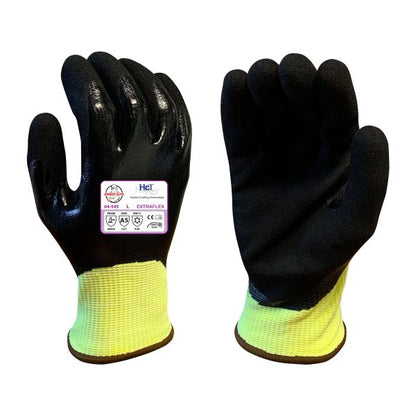 15g ExtraFlex® Hi-Vis Engineered Liner, With 7g Poly-Acrylic Lining, Black Smooth Nitrile Fully Dipped, Black Nitrile Micro Foam HCT® Palm Dipped, Thumbcrotch Reinforcement, ANSI A5