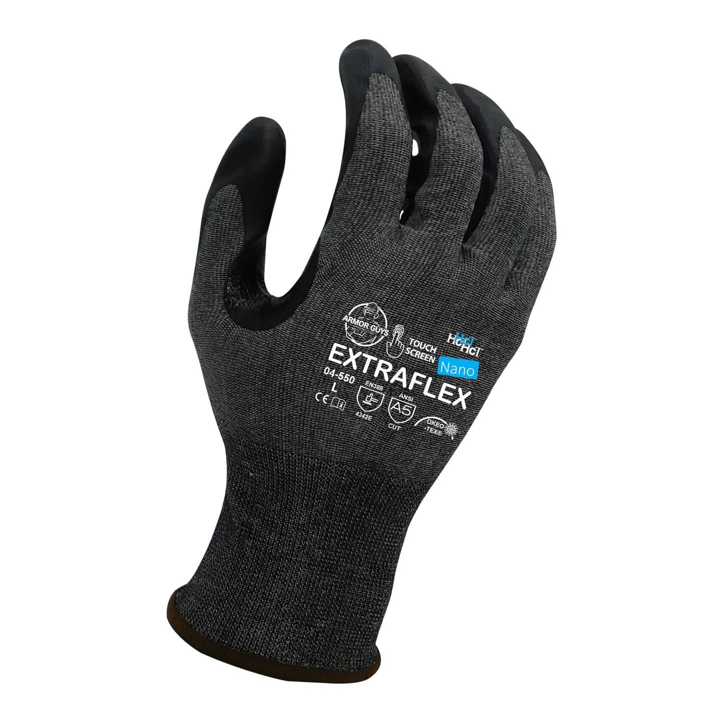 18g ExtraFlex® Cut Resistant Black Engineered Liner With Dark Gray HCT® Nano Foam Nitrile Palm Coating And Nitrile Reinforced Thumb Crotch, ANSI A5