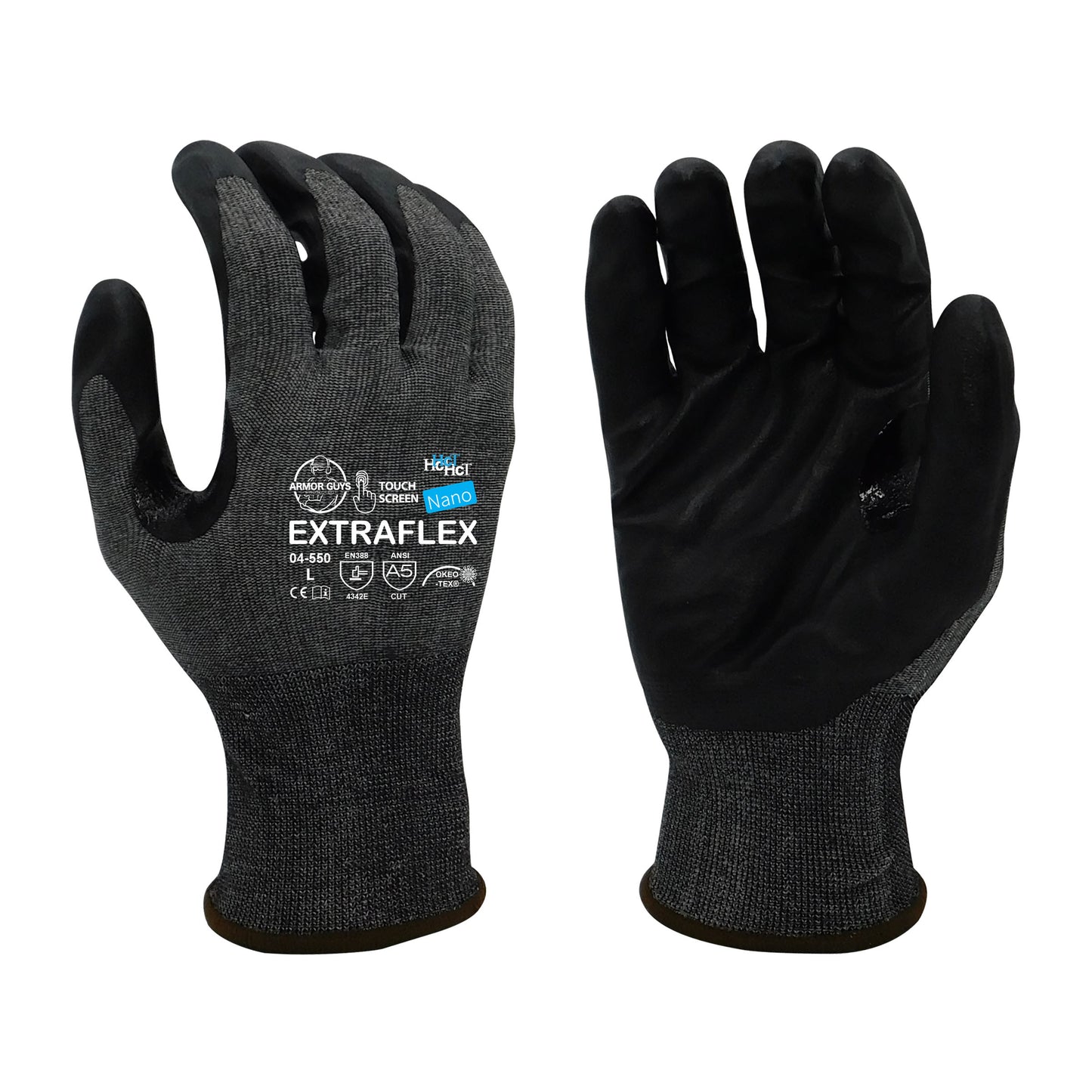 18g ExtraFlex® Cut Resistant Black Engineered Liner With Dark Gray HCT® Nano Foam Nitrile Palm Coating And Nitrile Reinforced Thumb Crotch, ANSI A5