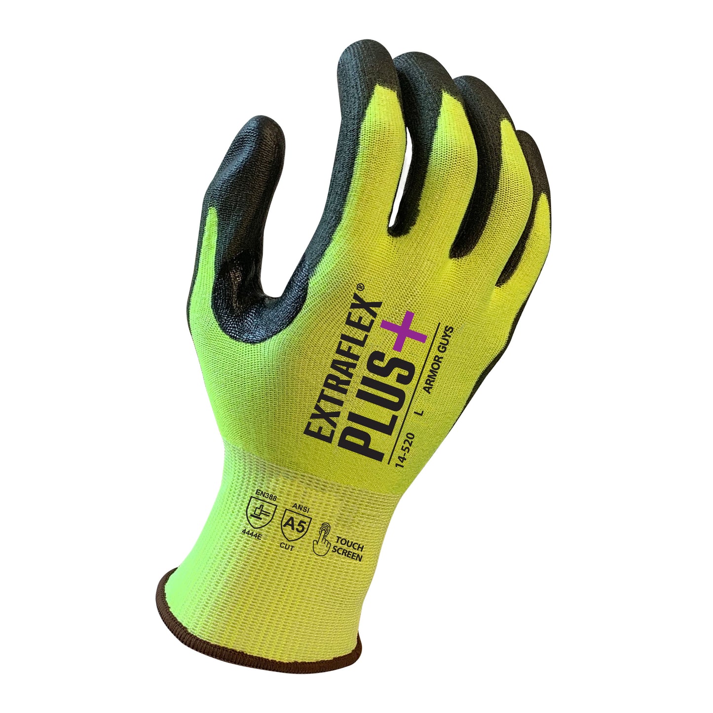 15 Gauge, ExtraFlex Plus® Hivis Engineered Liner With Black PU Palm Coating, Thumb Croth Reinforcement, Touch Screen, ANSI 5