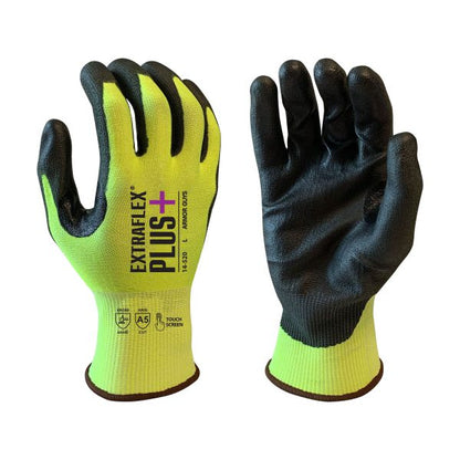 15 Gauge, ExtraFlex Plus® Hivis Engineered Liner With Black PU Palm Coating, Thumb Croth Reinforcement, Touch Screen, ANSI 5