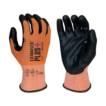 15 Gauge, ExtraFlex Plus® Orange Engineered Liner With Black PU Palm Coating, Thumb Croth Reinforcement, Touch Screen, ANSI 6