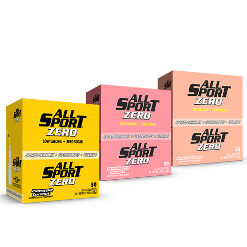 All Sport .11 Ounce Exotic Variety Flavor ZERO Electrolyte Powder Mix Stick Sugar Free/Low Calorie Electrolyte Drink (50 Per Box) - Strawberry Banana flavor, Peach Mango flavor, and Pineapple Coconut flavor