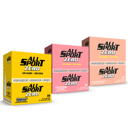 All Sport .11 Ounce Exotic Variety Flavor ZERO Electrolyte Powder Mix Stick Sugar Free/Low Calorie Electrolyte Drink (50 Per Box) - Strawberry Banana flavor, Peach Mango flavor, and Pineapple Coconut flavor