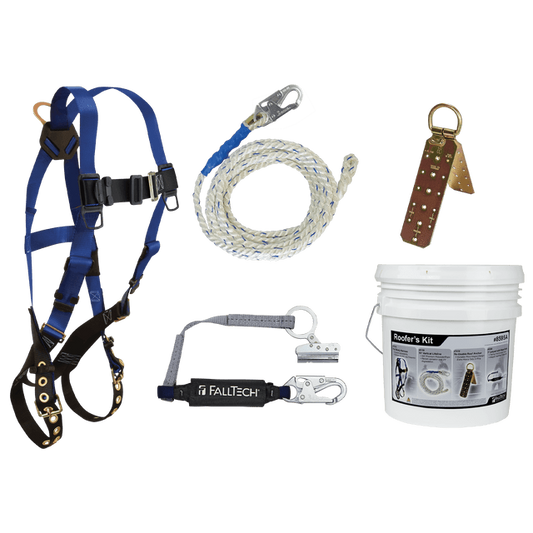 Roofer's Kit with Hinged Reusable Anchor and Trailing Rope Adjuster