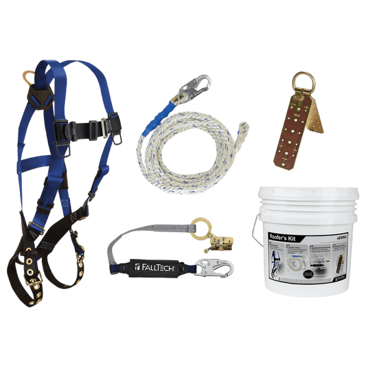 Roofer's Kit with Hinged Reusable Anchor and Trailing Anti-panic Rope Adjuster