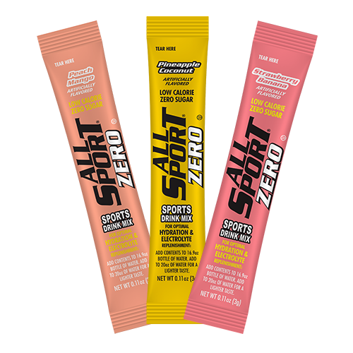 All Sport .11 Ounce Exotic Variety Flavor ZERO Electrolyte Powder Mix Stick Sugar Free/Low Calorie Electrolyte Drink (50 Per Box) - Strawberry Banana flavor, Peach Mango flavor, and Pineapple Coconut flavor