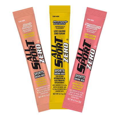 All Sport .11 Ounce Exotic Variety Flavor ZERO Electrolyte Powder Mix Stick Sugar Free/Low Calorie Electrolyte Drink (50 Per Box) - Strawberry Banana flavor, Peach Mango flavor, and Pineapple Coconut flavor