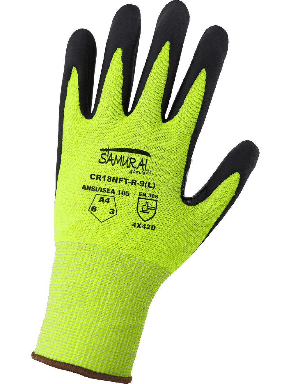 Samurai Glove® High-Visibility Cut, Abrasion, and Puncture Resistant Nitrile-Coated Tuffalene® UHMWPE Gloves with Reinforced Thumb Crotch - CR18NFT-R