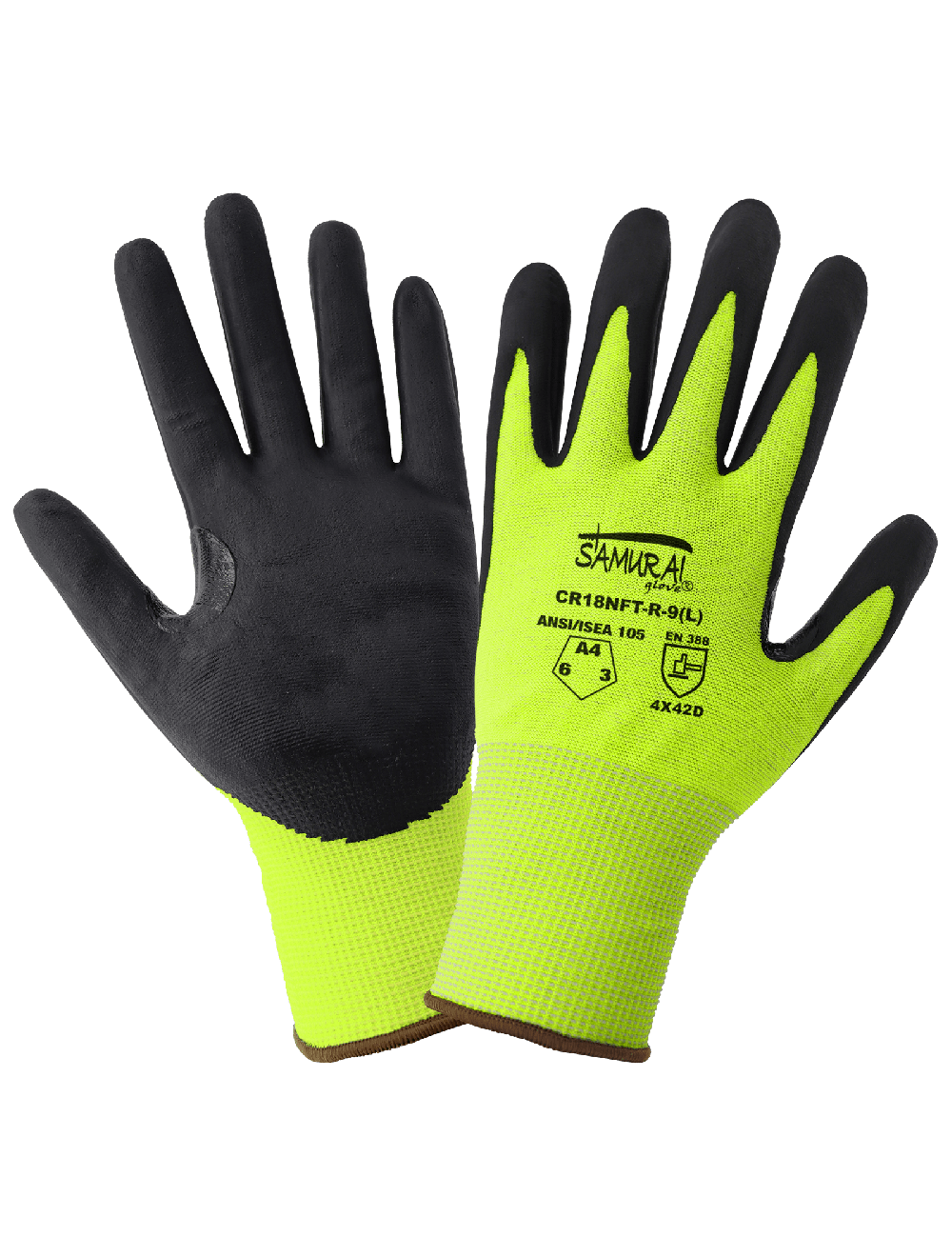 Samurai Glove® High-Visibility Cut, Abrasion, and Puncture Resistant Nitrile-Coated Tuffalene® UHMWPE Gloves with Reinforced Thumb Crotch - CR18NFT-R