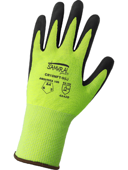 Samurai Glove® FDA and Anti-Static/Electrostatic Compliant Nitrile-Coated High-Visibility Tuffalene® Gloves with Cut, Abrasion, and Puncture Resistance - CR18NFT