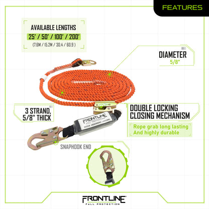 Premium Vertical Lifeline with Openable Rope Grab and Shock Pack