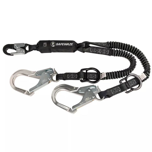 PRO 6′ Stretch Energy Absorbing Lanyard: 12′ FF Dual Leg, Alu Rebar Hooks, Rescue Rings