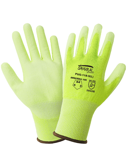 Samurai Glove® High-Visibility PU Coated Tuffalene® UHMWPE Gloves with Cut, Abrasion, and Puncture Resistance - PUG-118