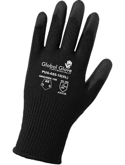 Smooth Polyurethane-Coated Black Seamless HPPE Cut, Abrasion, and Puncture Resistant Gloves - PUG-655