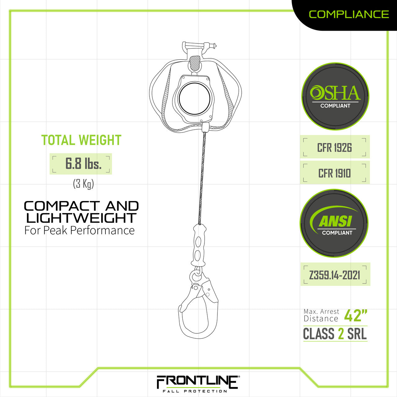 Frontline Class 1 Leading Edge Cable Single Leg SRL with Steel Snap Hook End