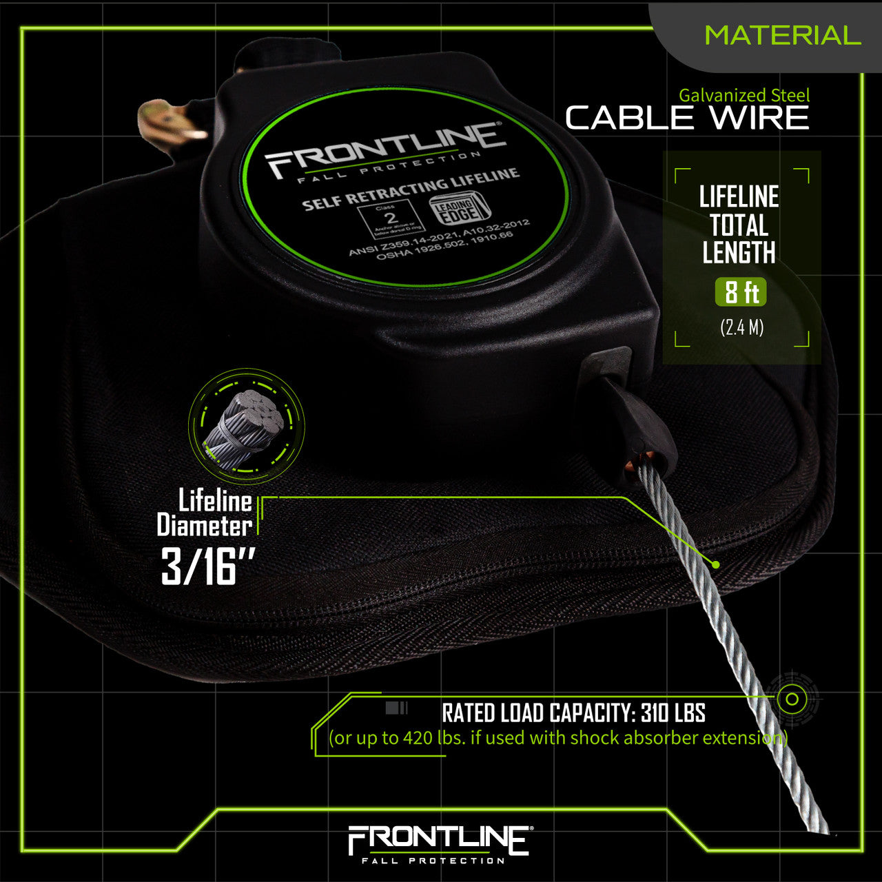 Frontline Class 1 Leading Edge Cable Single Leg SRL with Steel Snap Hook End