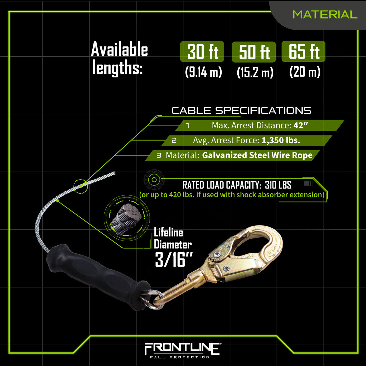 Frontline Class 2 Leading Edge Cable Single Leg SRL with Steel Snap Hook End with Carry on Handle and Tagline